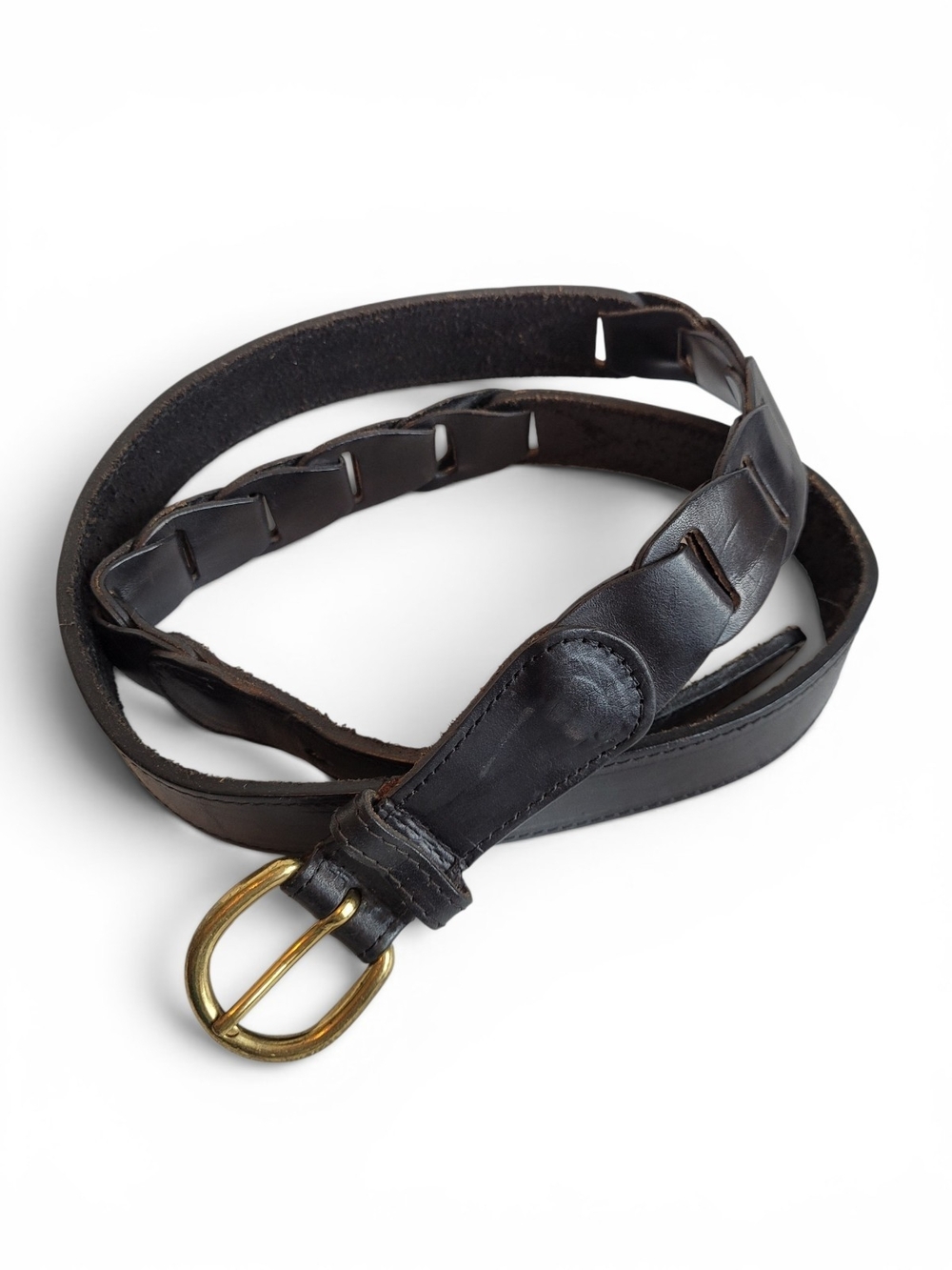 Vintage Black Leather Belt with Solid Brass Buckle Size 42